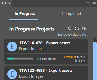 View of In-Progress Projects in TaskOS